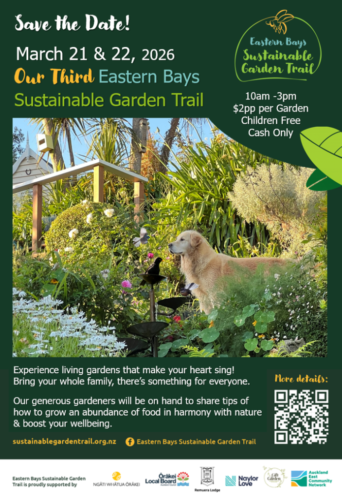Poster showing organisations supporting the Eastern Bays Sustainable Garden Trail, including Remuera Lodge.